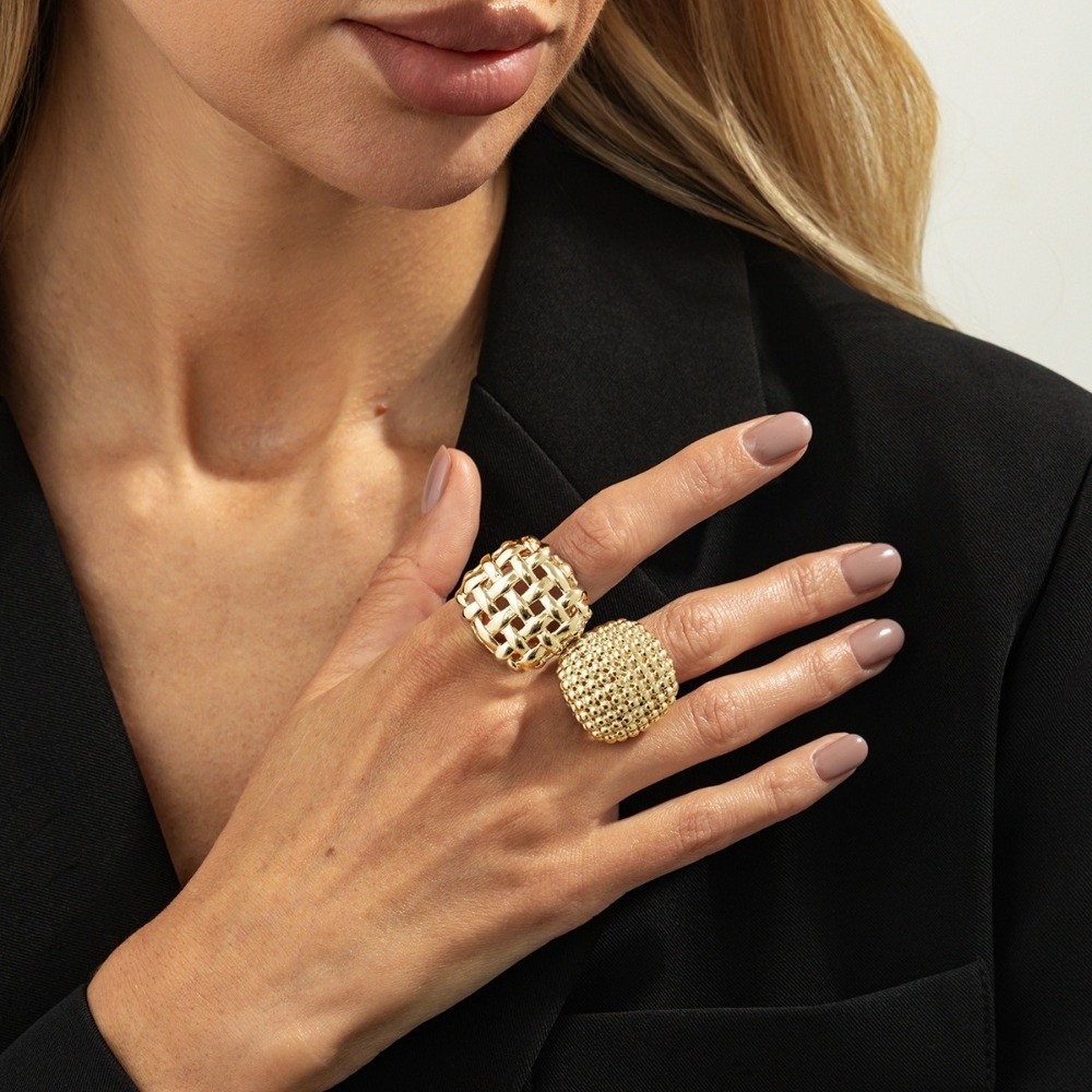 2pcs/set Fashion Geometric Braided Hollowed-out Rings Adjustable Alloy Open Rings Circular Earring and Ring Set Wedding Jewelry