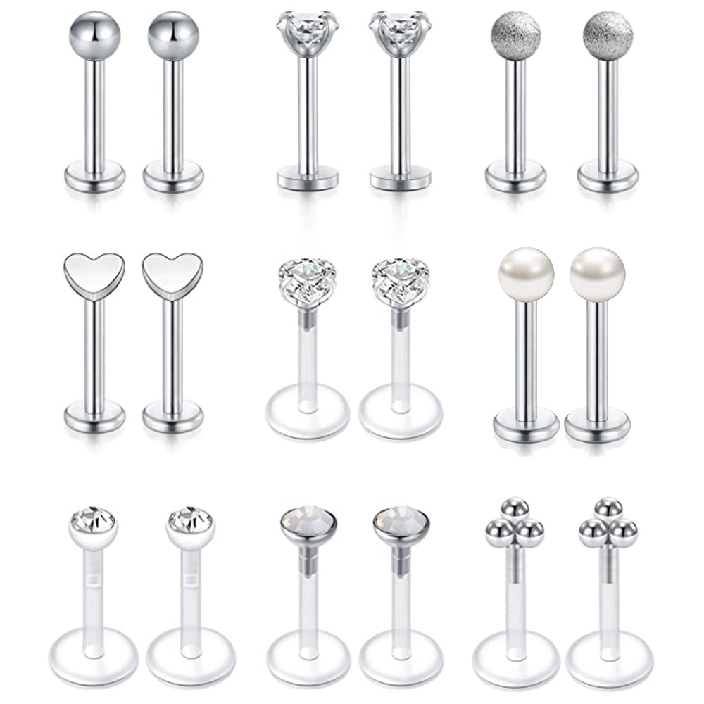 【New arrival】silver Piercing Jewelry Lip Nail Acrylic Rod Invisible Piercing Nose Nail Opal Love Diamond Pearl Ball Lip Nail