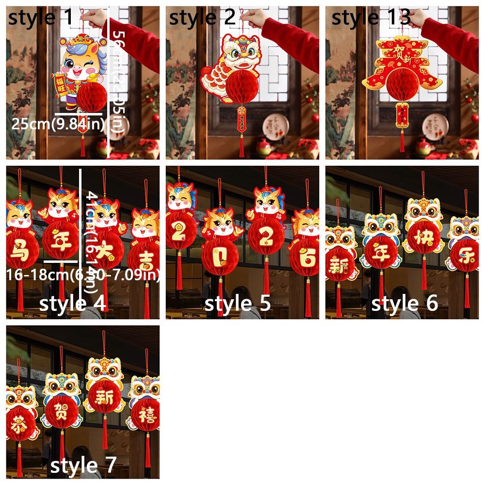 Cute Chinese Style 2026 New Year Red Paper Lantern Blessing Festive Honeycomb Ball Lantern with Tassel Cartoon Horse Year Hanging Pendants Wedding Birthday