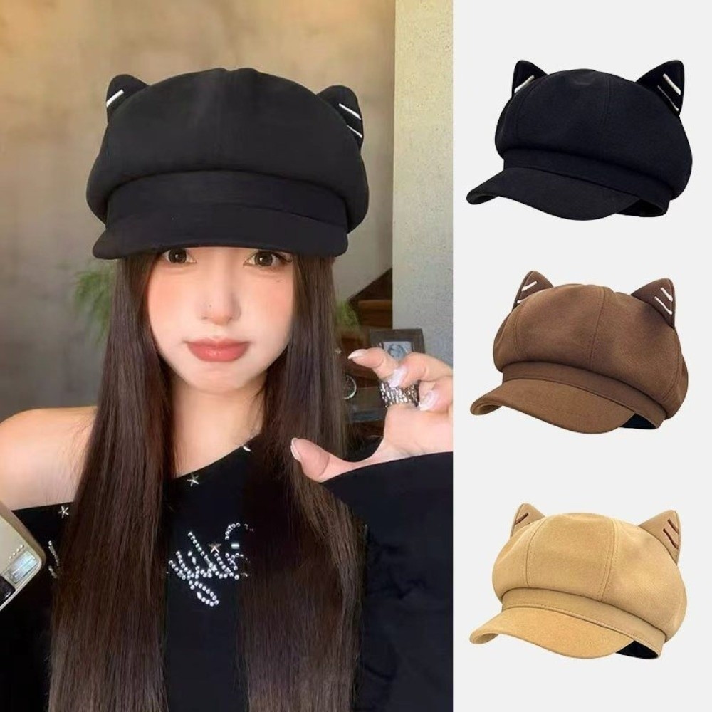 Cute Solid Color Cat Ear Hat Woolen Y2K British Beret Hat Japanese Style Adjustment Octagonal Cap Autumn Winter