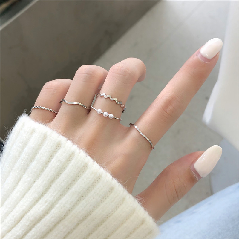 arrivals】Women's Japanese Korean Simple Ring Ins Pearl Wave Combination Ring Five-piece Set Distinctive Ring Tail Ring