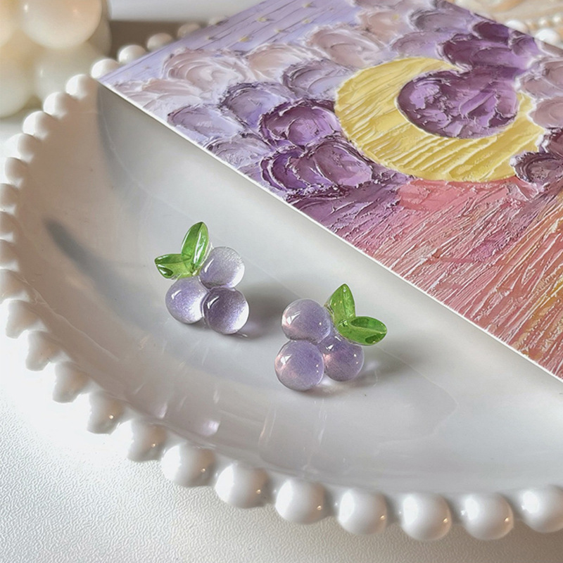 【New Arrivals】Grape Bubble Penetrable Earrings Girl Spring and Summer Elegant Transparent Cute Fruit Ins Silver Pin Earrings Ear Jewelry for Women