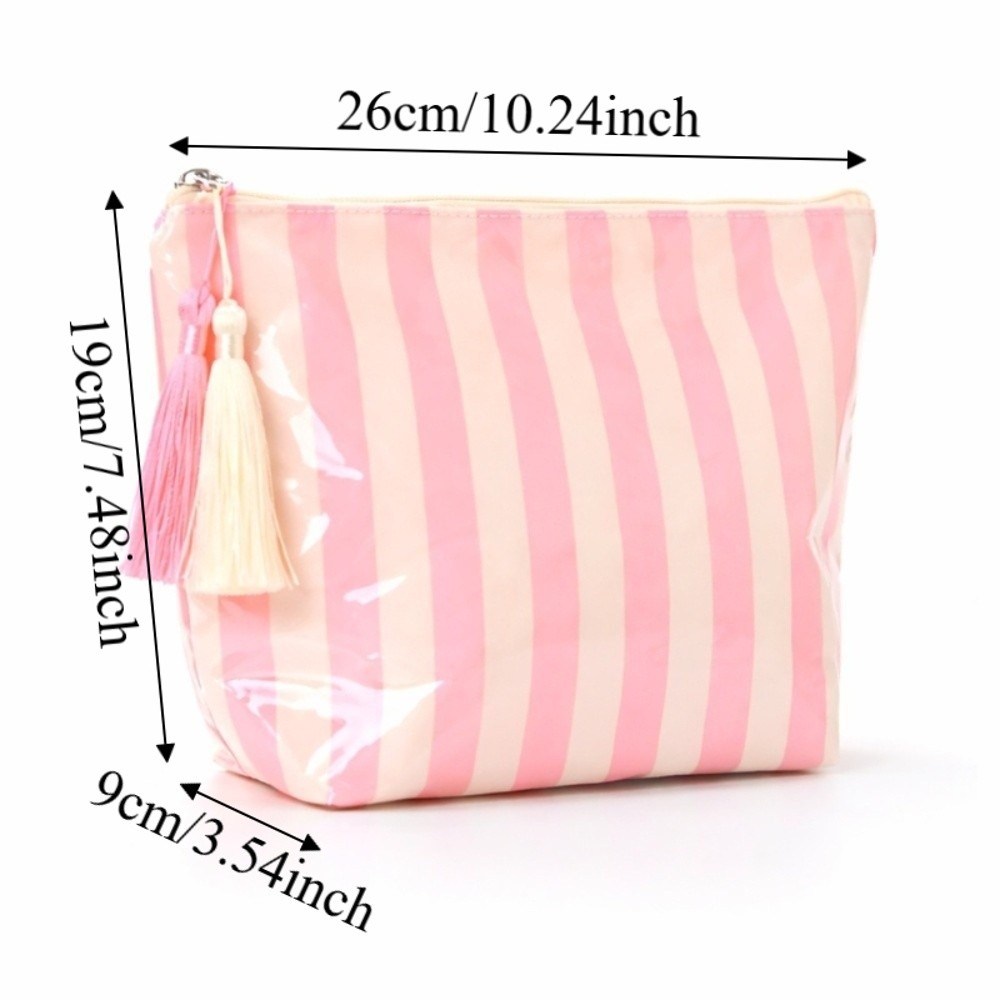 Fashion Portable Fringed Travel Toiletry Bag Large Capacity Cute Design PVC Striped Cosmetic Bag Zipper Closure Glossy Makeup Brush Bag Beach