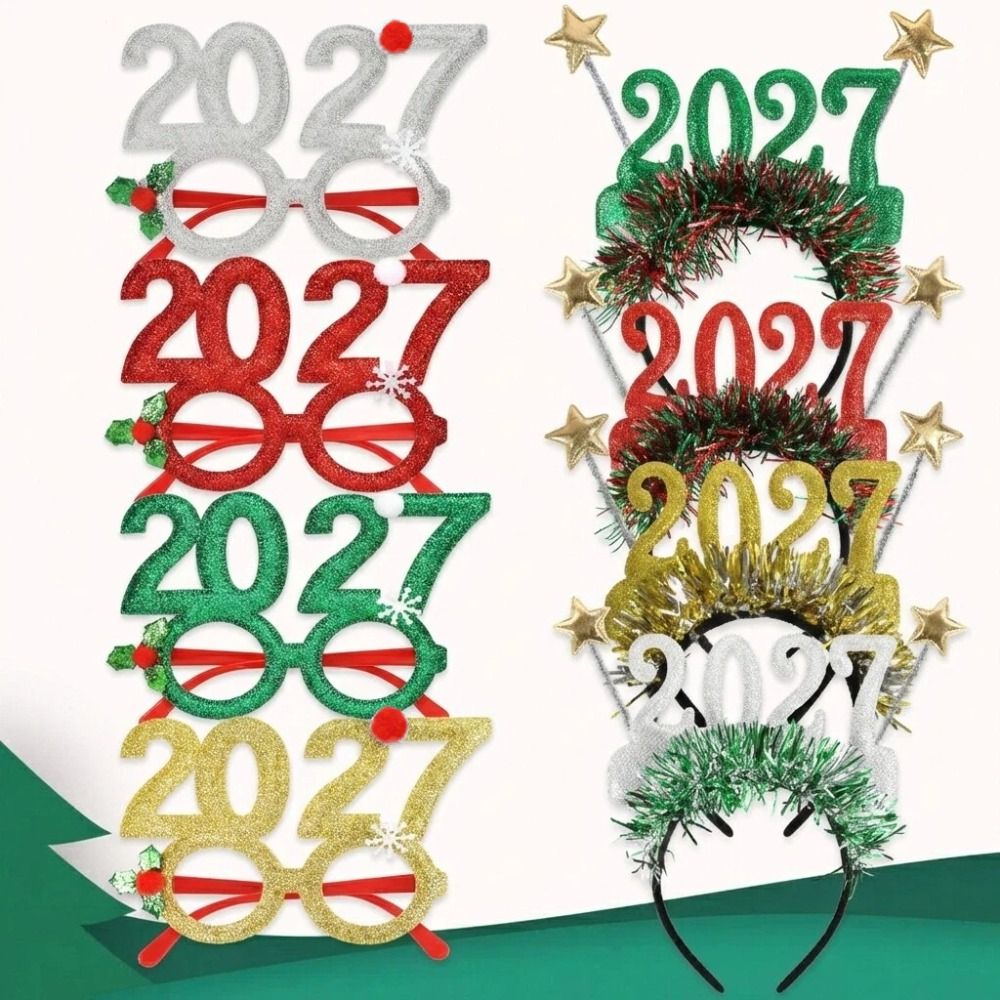 Children Gifts Sequin 2027 Happy New Year Headband Sweet Cute New Year Decorative Glasses Colorful Photo Prop Star Strip Headwear Christmas Supplies