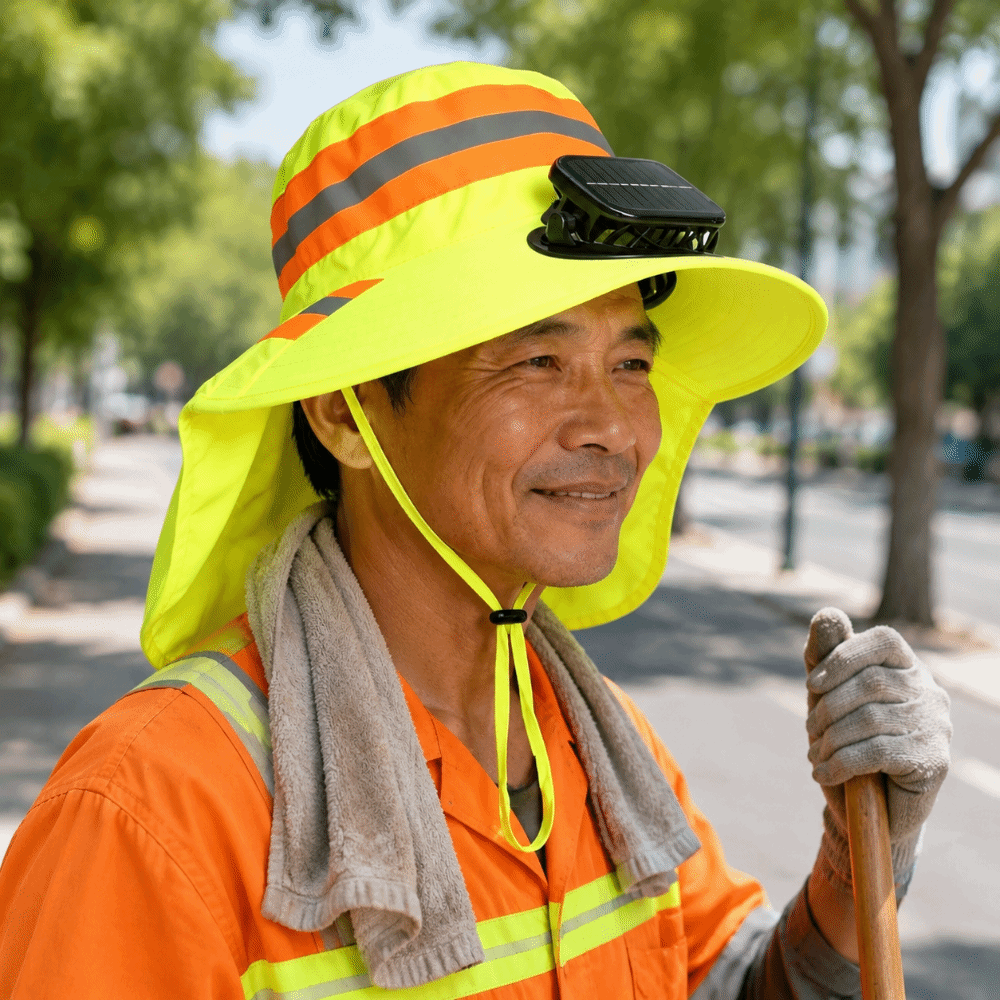 Comfortable To Wear Breathable Solar Fan Hat UV Protection Rechargeable Safety Reflective Hat Adjustable Lightweight Summer Fan Visor Cap Sanitation Workers