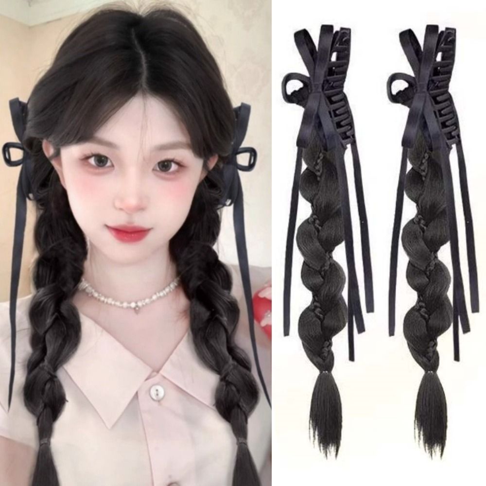 2pcs Vintage 16 Inch Bow Braids Ponytail Long Fluffy Handmade Braids Pony Tails Sweet Natural Twist Braid Hairpiece for Women