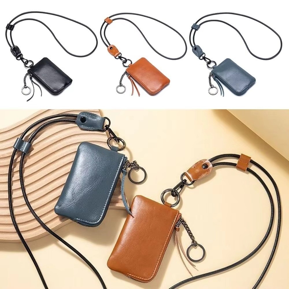 Vintage PU Hanging Neck Wallets Soft with Keychain Lanyard Card Holder Portable Retro Credit Card Bag Universal