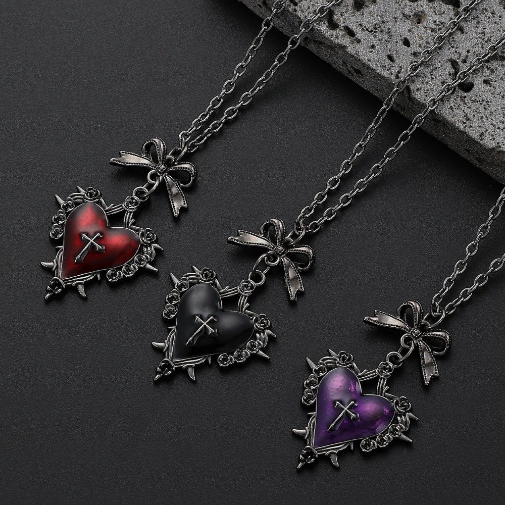 New Geometric Heart Pendant Necklace Thorn Cross Bowknot Clavicle Chain Retro Simple Necklace Jewelry Accessories