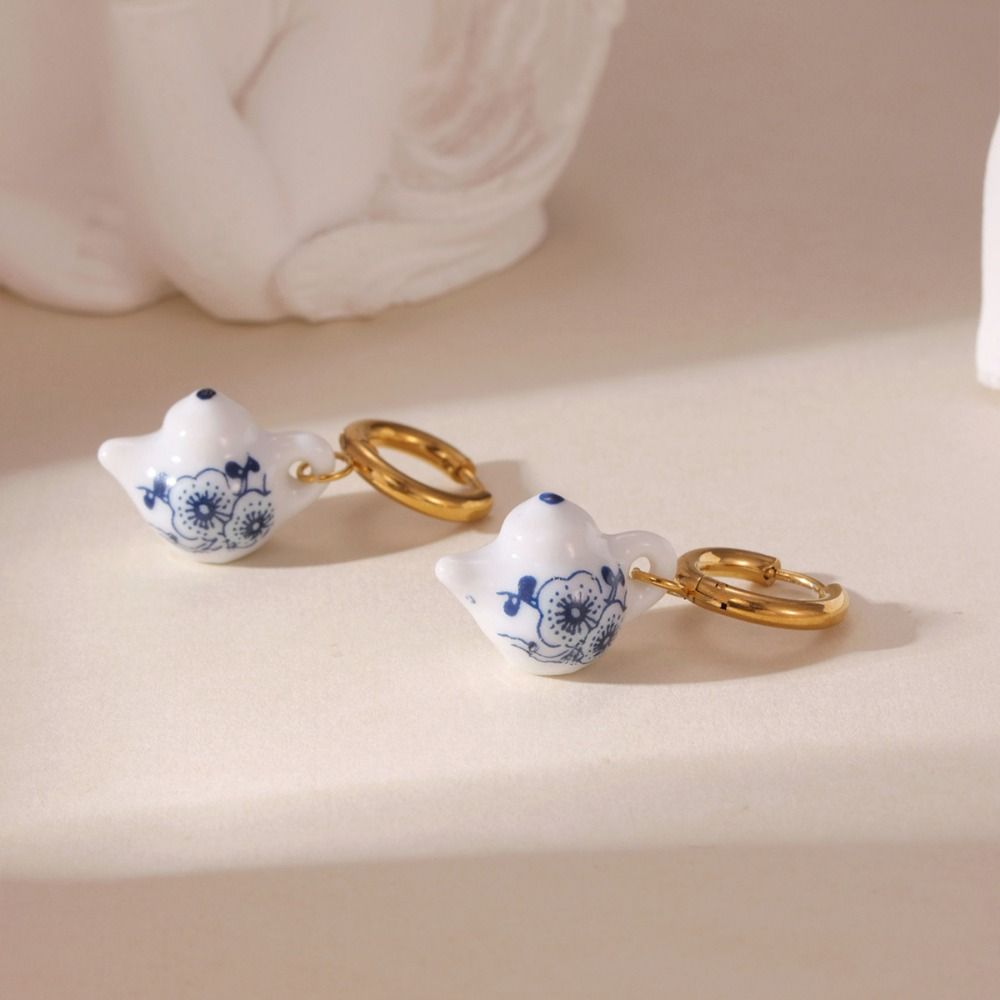 Simple Chinese Style Ceramic Ear Buckle Stainless Steel Flower Blue and White Porcelain Earrings Painting Dripping Oil Hoop Earrings Lady