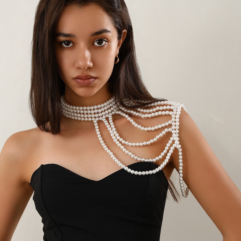 New Imitation Pearl Shoulder Chain Necklace Pearl Tassel Vintage Style Shawl Necklace Boho Adjustable Chain Body Chain Jewelry Women Jewelry