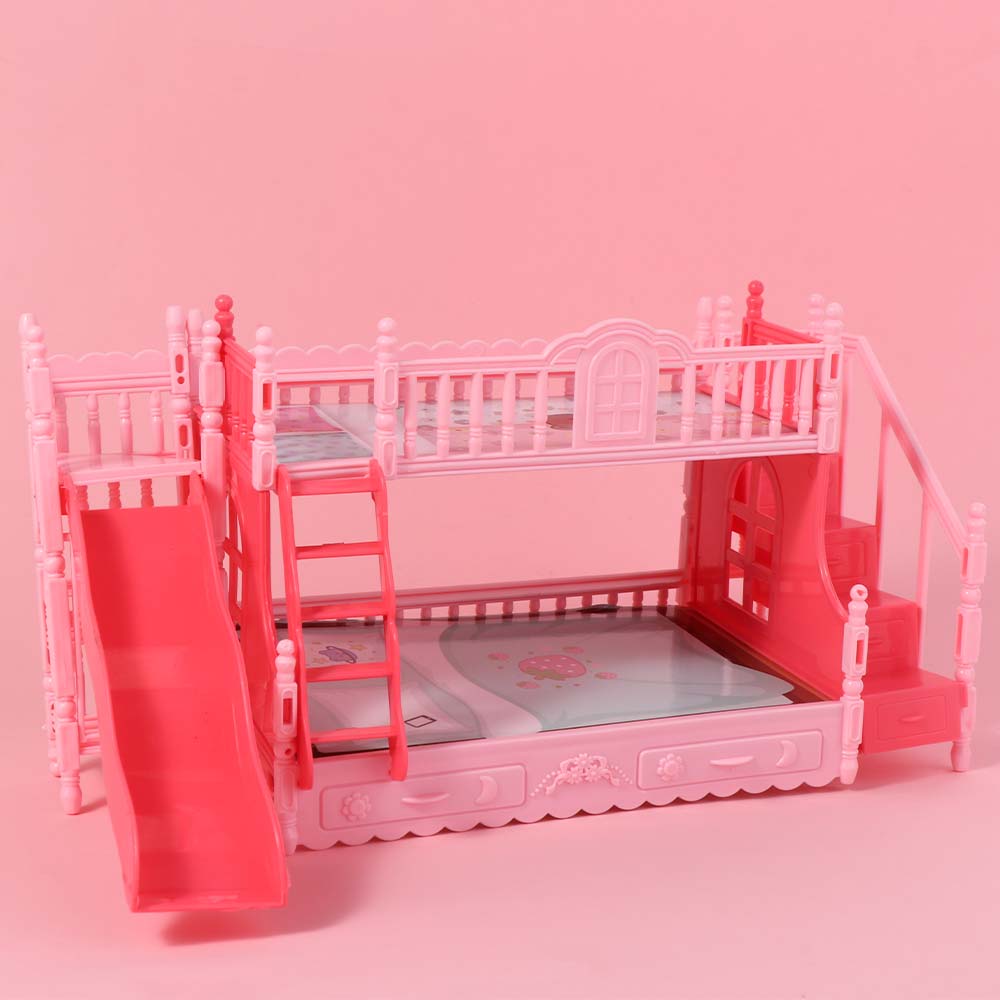 Kids Toys Pretend Play Dollhouse Bunk Bed Small Furniture Bedroom Decoration Doll Bed Princess Simulation Pink Color Dollhouse Furniture Play House