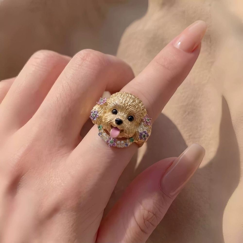 Sweet Adjustable Cute Head Ring Puppy Dog Head Ring Alloy Kitten Irregular Opening Ring for Cat Dog Lovers