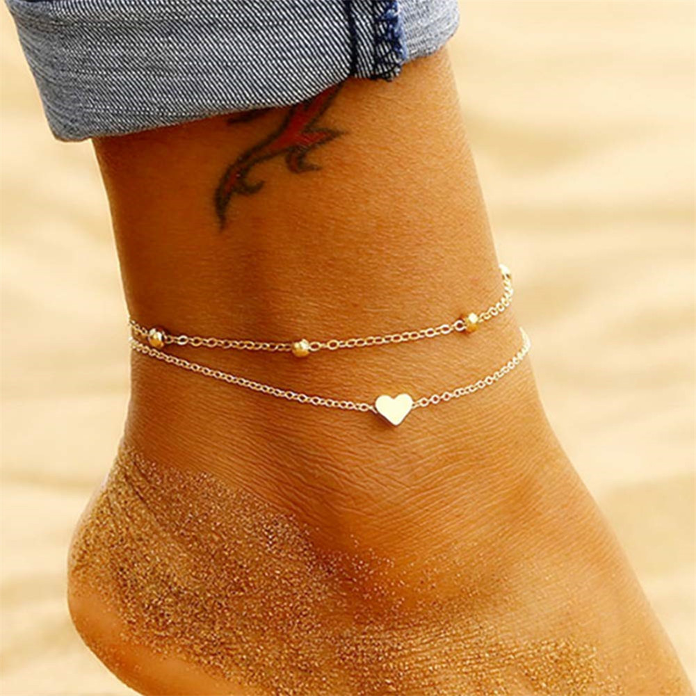 【Innovative designs】Europe and United States cross-border explosive anklet fashion double layer stainless steel love anklet golden heart anklet