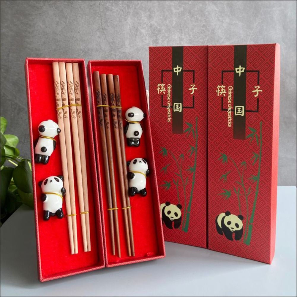 Chinese Chopsticks Handmade Tableware Eco-Friendly 2 Pair Cutlery Non-slip Panda Chopsticks Gift Natural Wooden Dinnerware Set