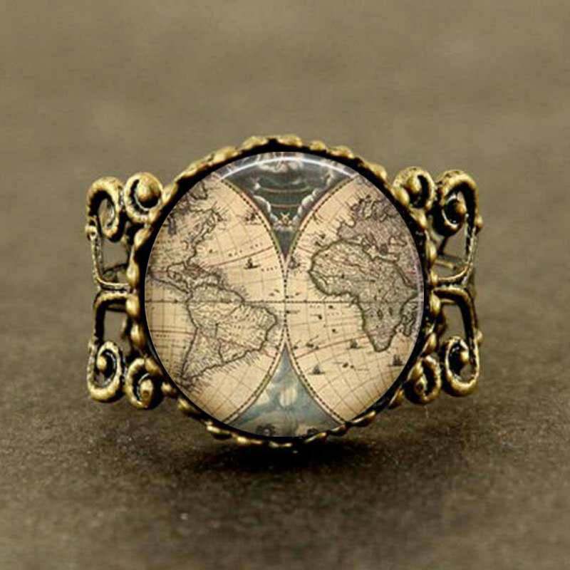 【Qian poem li Store】Alice in Wonderland Ancient World Map explorer Map Pirate treasure Expedition ring Jewelry