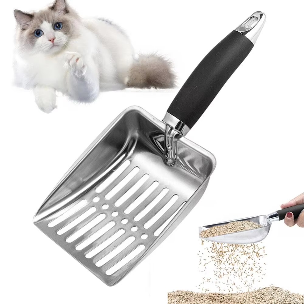 Cat Clean Feces Supplies Long Handle Cat Litter Scoop Hollow Design Stainless Steel Pets Litter Shovel Large Size Pet Poop Shovel Cat Sand