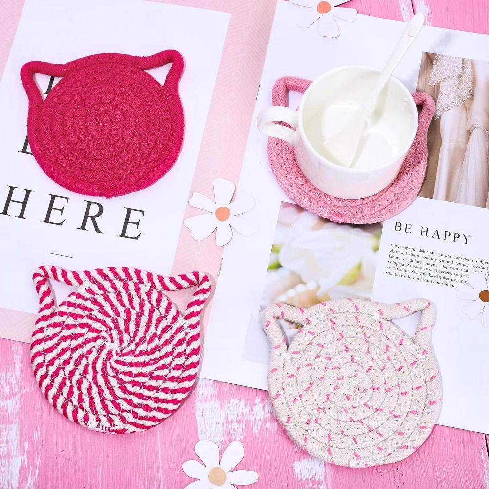 4/8 Pcs Winter Christmas Woven Cat Ear Coasters Non-Slip Base High-Temperature Resistant Cotton Drink Coasters Cute with Storage rack Absorbent Coasters Office Supplies