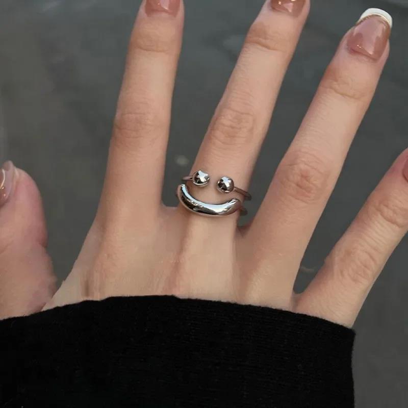 Yuanyan New Silver Color Smile Shape Ring for Women Girls Y2K Stainless Steel Rings Adjustable Opening Ring Fashion Jewelry Friend Gifts
