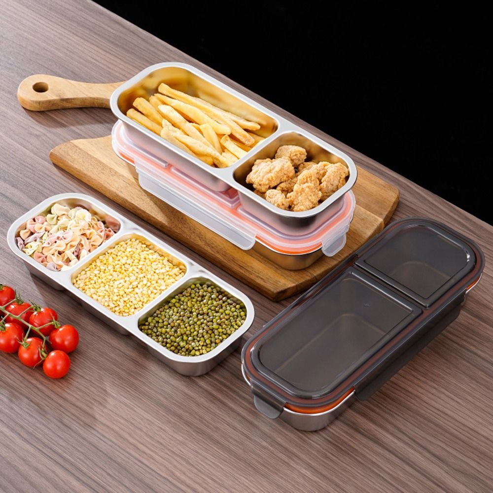 Easy-to-Clean 2/3 Grids Stainless Steel Lunch Box Fresh-keeping Leak-proof Food Storage Container Portable Sealed Fruit Food Fresh Box Outdoor Activities