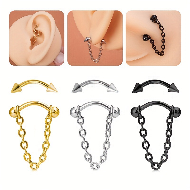 【Top Picks】3 pieces stainless steel eyebrow nail round ball pointed cone chain earring piercing jewelry combination suit temu