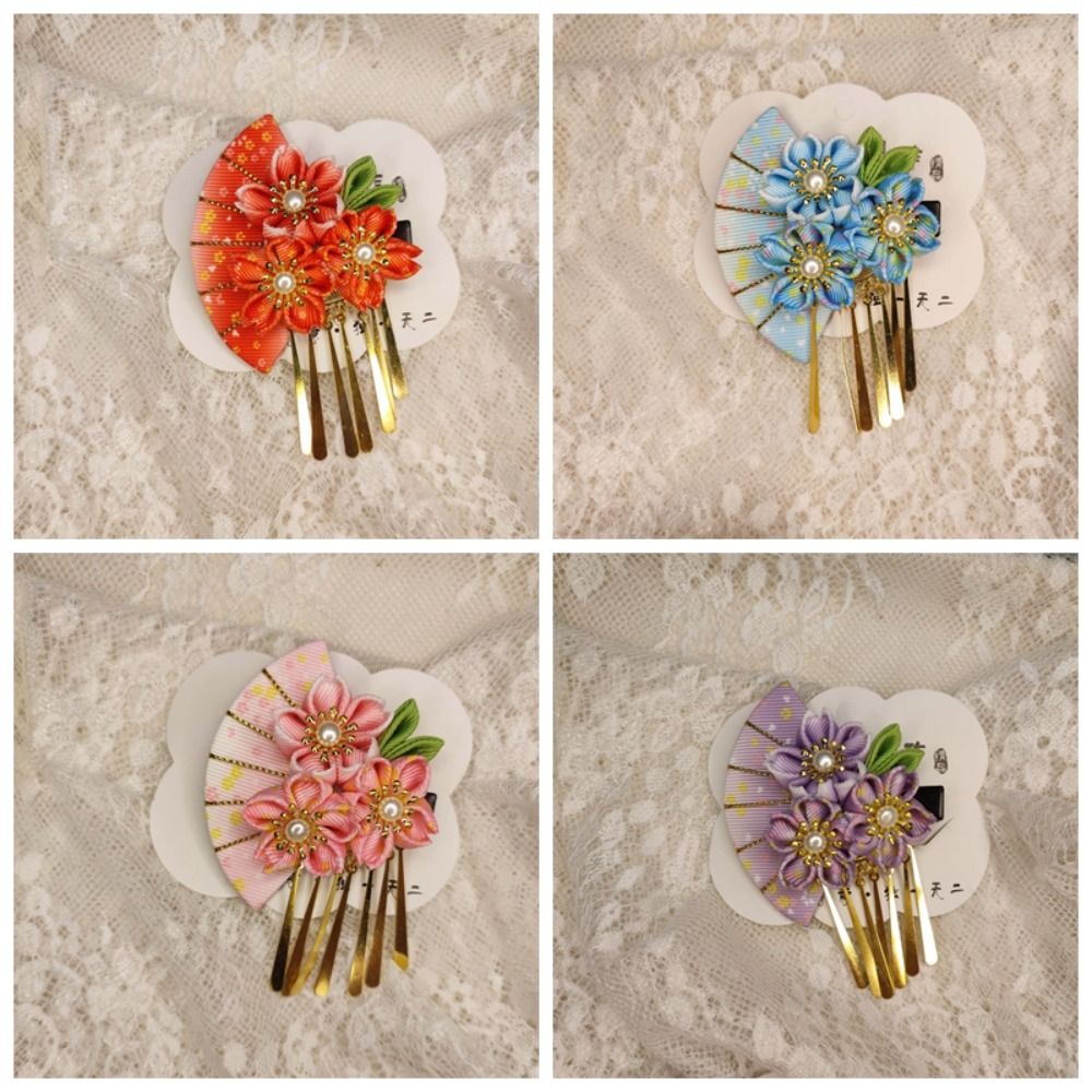 Cute Tassels Tassel Fan Hairpin Flower Cloth Japanese Kimono Headwear Kimono Hair Clip Sakura Children