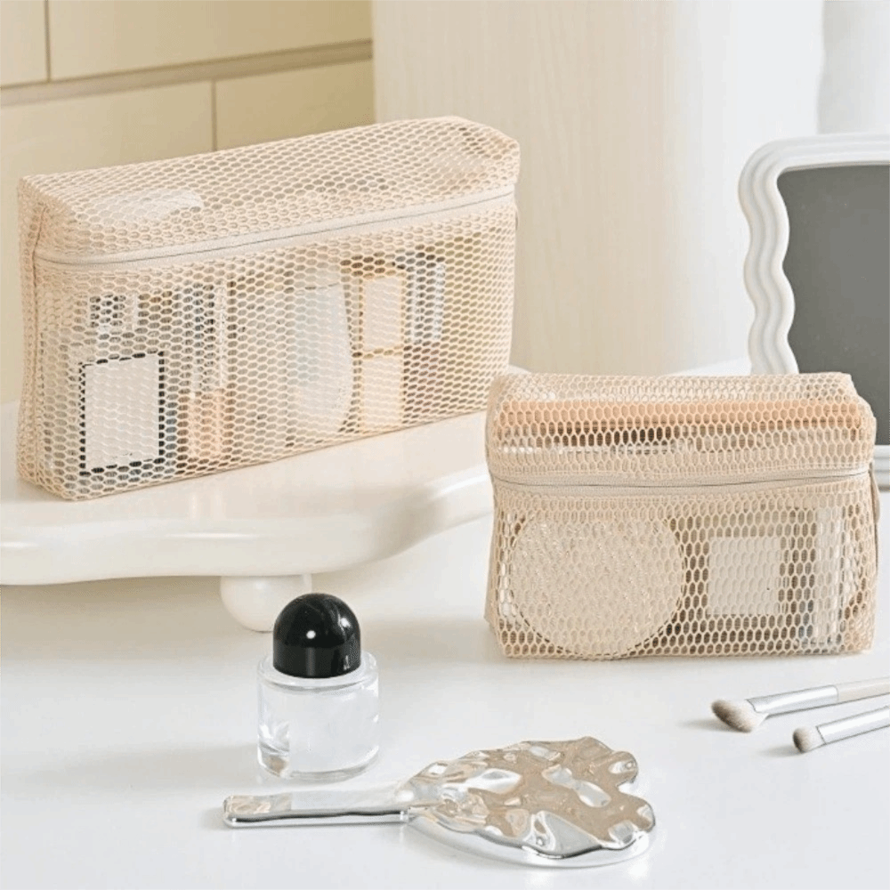 Portable Handheld Zipper 3D Mesh Makeup Storage Bag Multipurpose Folding Travel Toiletry Bag Breathable Transparent Makeup Brush Bag Cosmetic Organizer