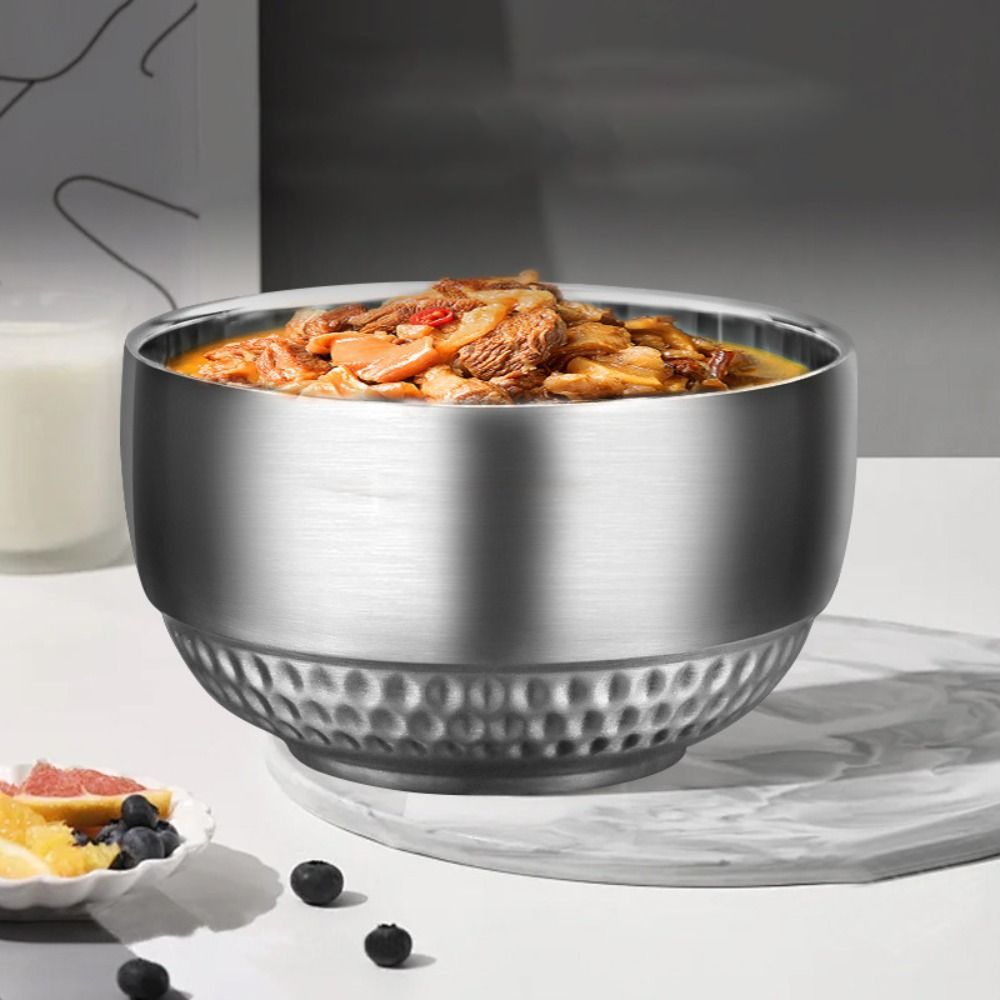2 Piece Practical 304 Stainless Steel Double-layer Rice Bowl Unbreakable Hammered Pattern Insulated Bowl Thickened Scald-proof Soup Bowl Canteen