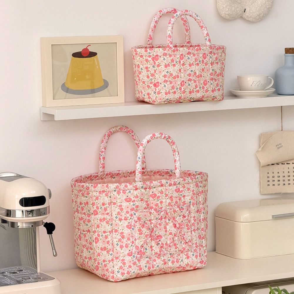 New Floral Print Quilted Storage Basket Large Capacity Foldable Dirty Clothes Basket Multifunctional with Handle Travel Handbag Shopping
