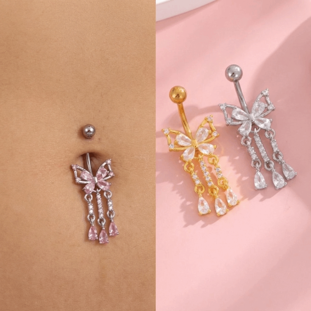 Daily Elegant Dangled Belly Ring Stainless Steel Butterfly Navel Piercing Personality Bow Curved Barbell Seaside