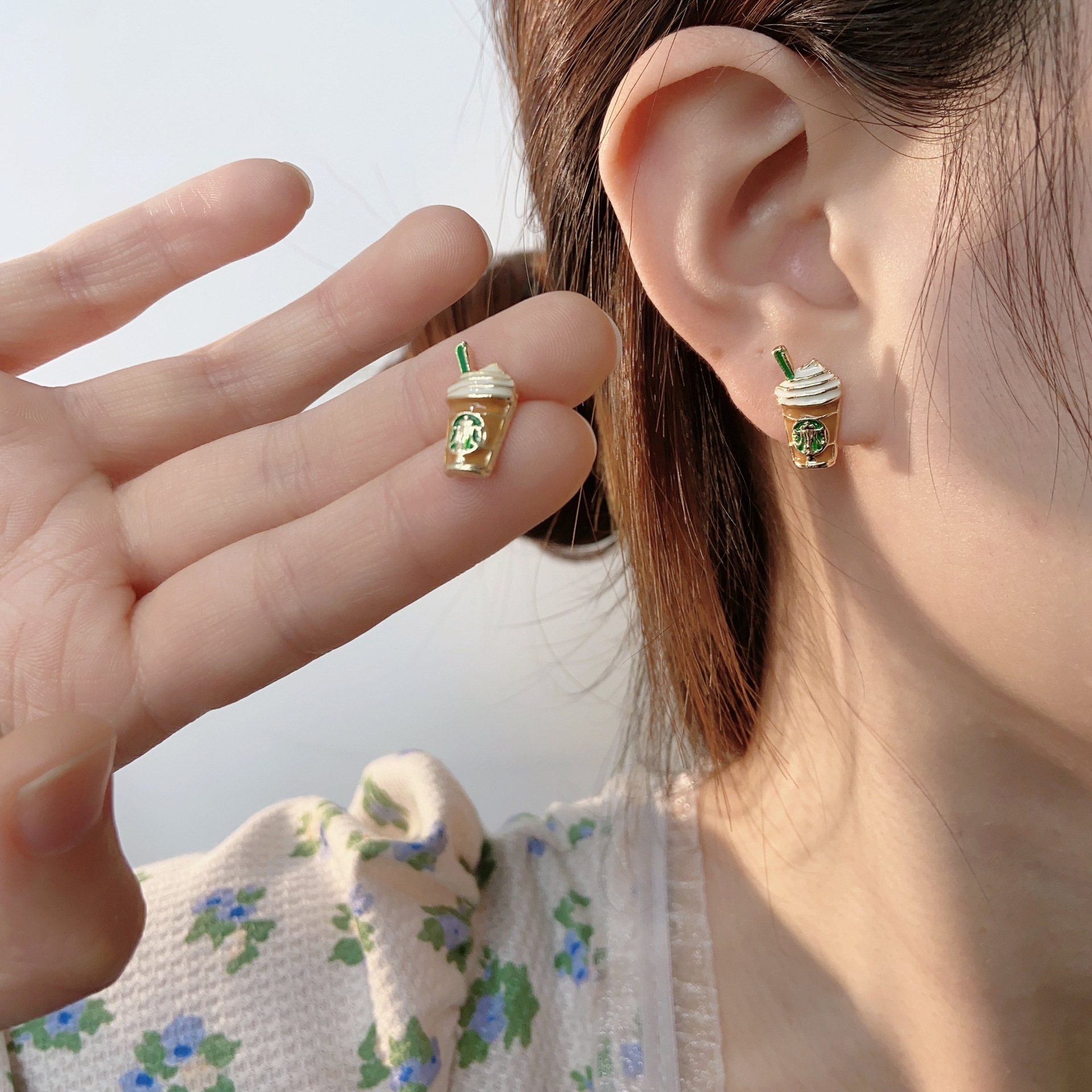 certifications】Korean Style Sweet Mini Coffee Milk Tea Earrings Women's New Niche Simple All-match High-end Earrings