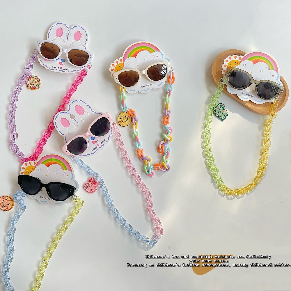 2Pcs/Set New Spring Summer Kids Cat Eye Sunglasses Fashion Kawaii Sunscreen Eyeglasses Outdoor with Eyeglass Chains Children Eyewear
