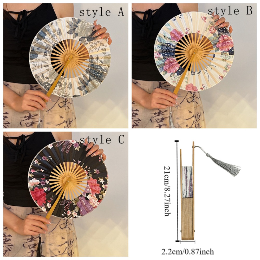 Portable Round Folding Hand Fan Bamboo Handle Elegant Chinese Fans Exquisite Classical Windmill Fan Lady