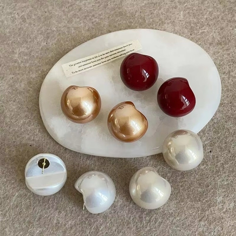 New Vintage Red Pearl Stud Earrings Imitation Pearl Gift Temperament Earings Half Circle Bridal Wedding Jewelry For Women Girls