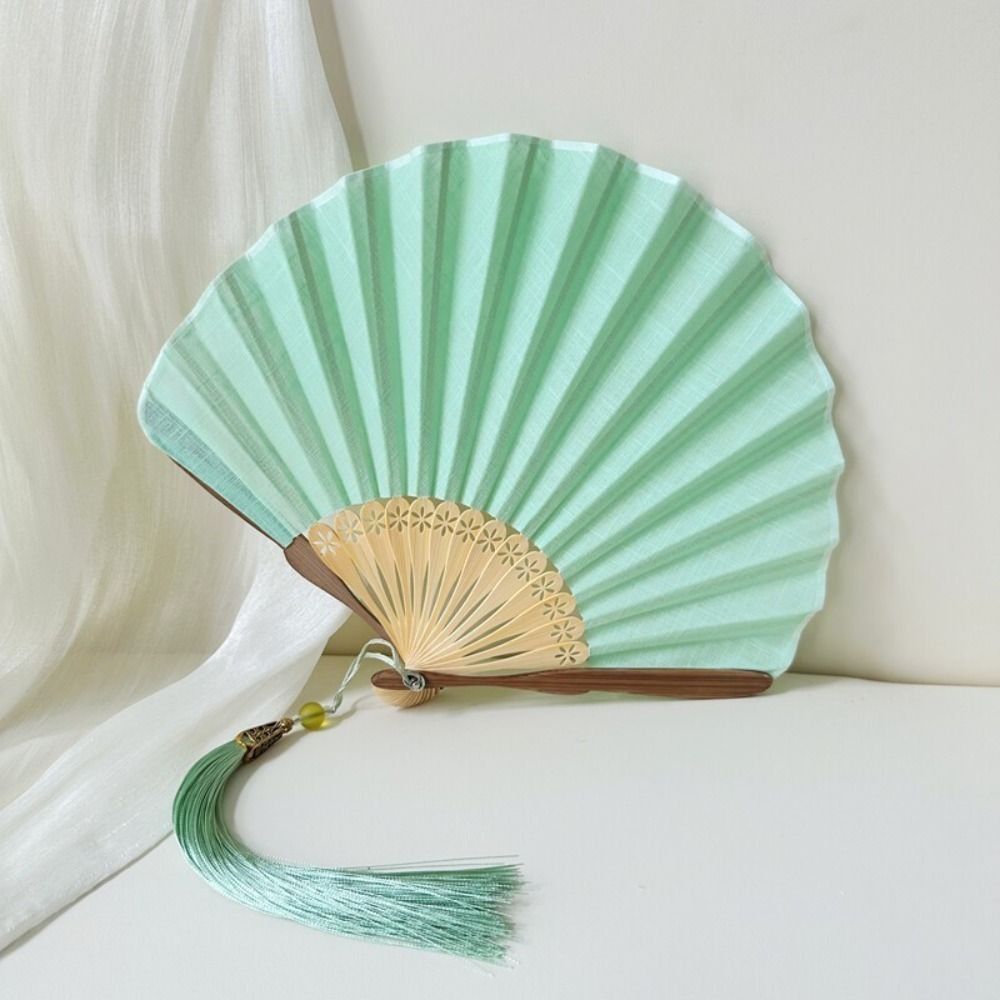 Creative Shell-Shaped Folding Hand Fan Bamboo Frame Light Green Mini Shell Fan Portable with Tassel Dance Fan Wedding