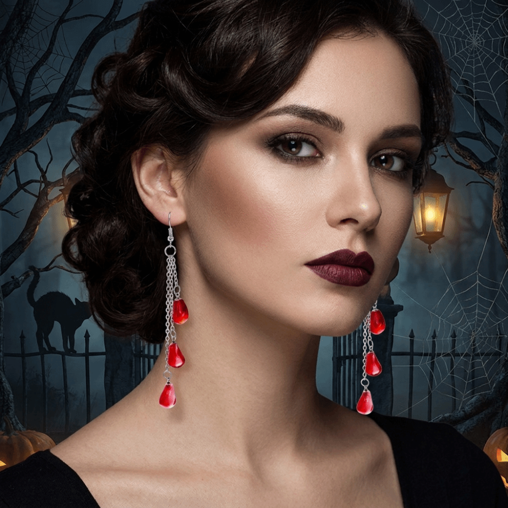 Creative Gothic Drop Necklace Red Glass Halloween Collarbone Chain Choker Tassel Halloween Earrings Women