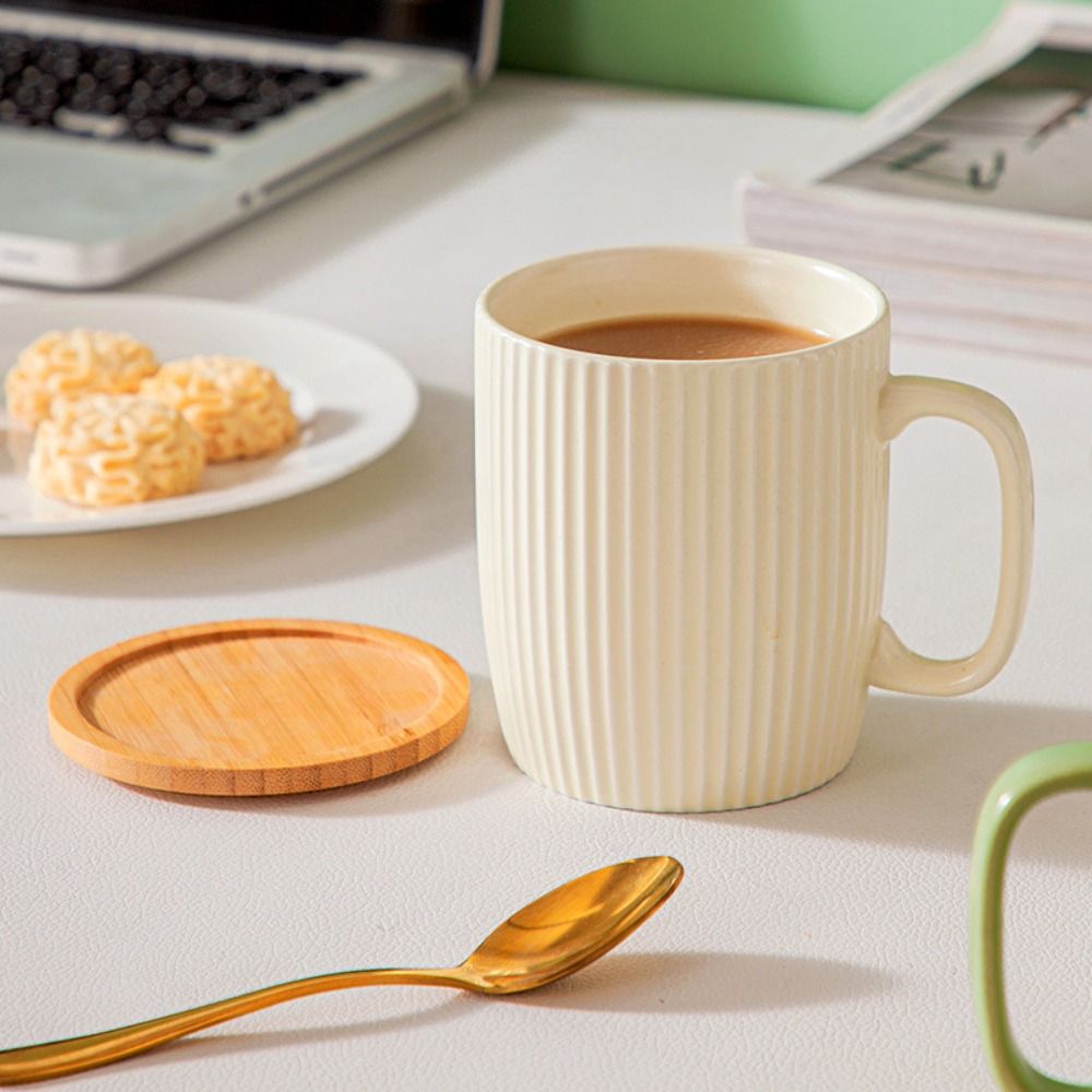 Beautiful 400ml Ceramic Mug Vertical Grain Simplicity Breakfast Cup with Wood Lid Hot Resistant Water Cups Household