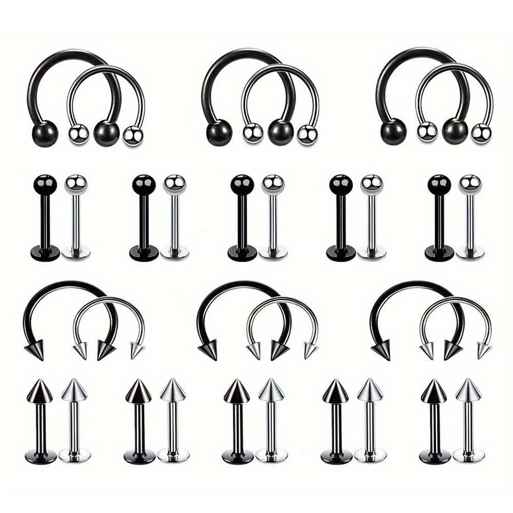 【Special offer】32 pieces of stainless steel nose ring ball pointed cone horseshoe rod lip nail piercing jewelry combination suit