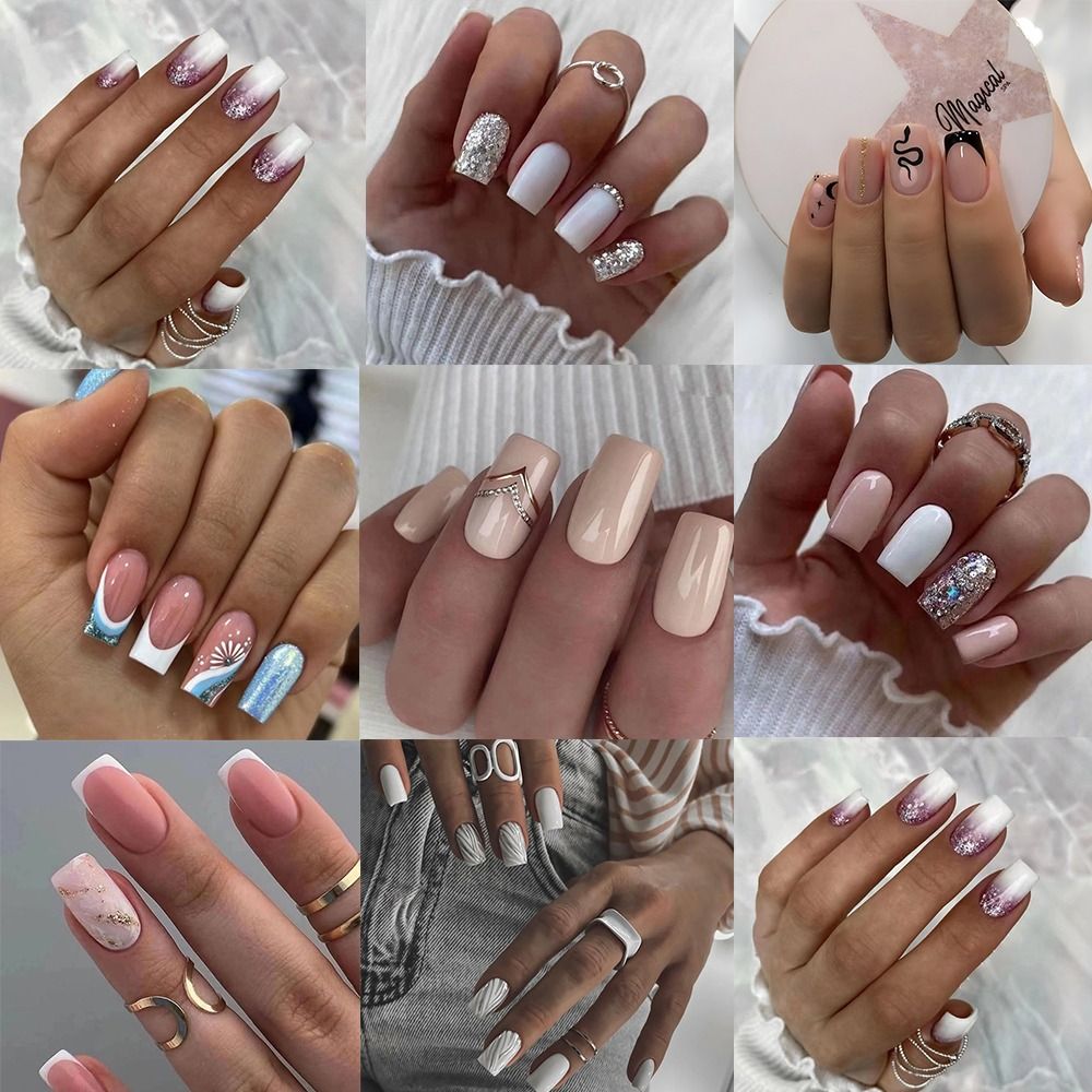 24pcs Detachable White Edge Press on Nails DIY French False Nails Short Square Simple