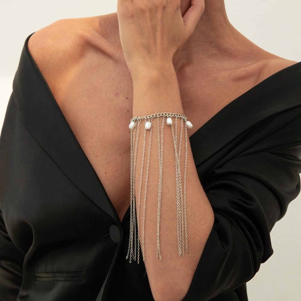 Trendy Metal+Imitation Pearl Imitation Pearl Bracelet Silver Adjustable Long Tassel Hand Chain Women Charm Jewelry Unisex