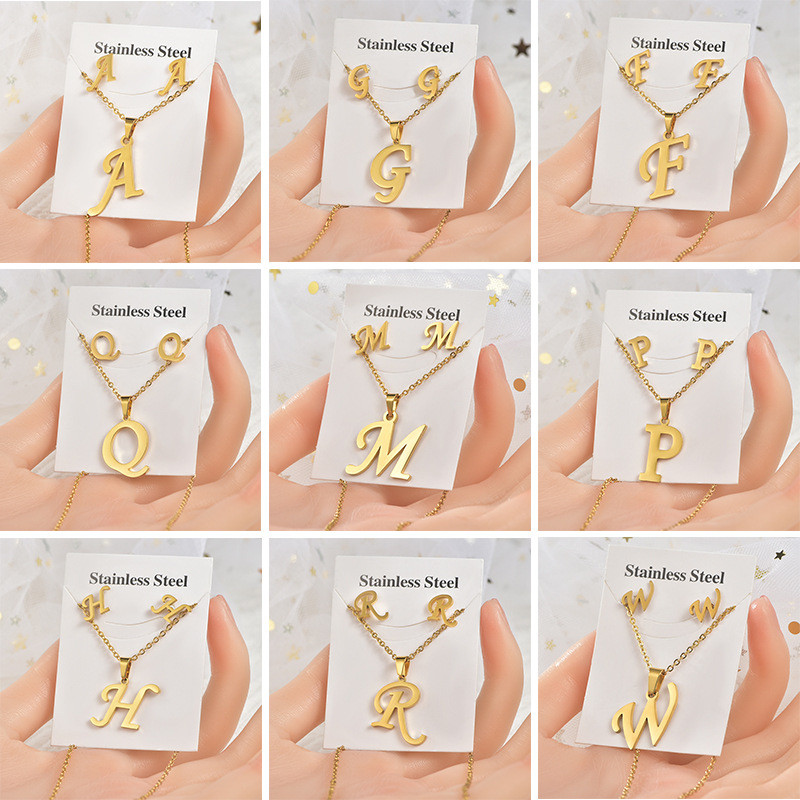 Stainless Steel A-Z English Name Alphabet Necklace Earrings Letter Titanium Steel Non Fading Necklace Jewelry Set Trendy Accessories