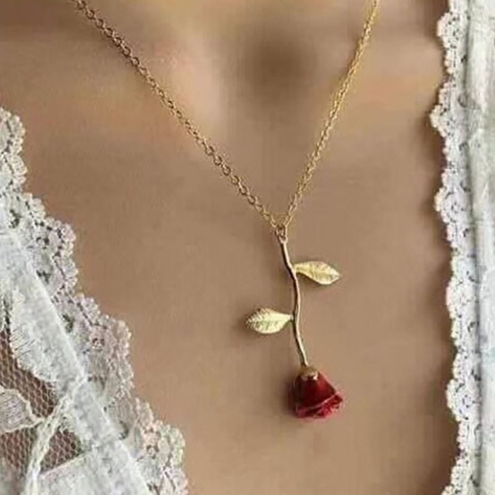 Fashion Red Rose Red Rose Pendant Oil Drop Creative Temperament Necklace Alloy Oil Drop Necklace Women Beauty