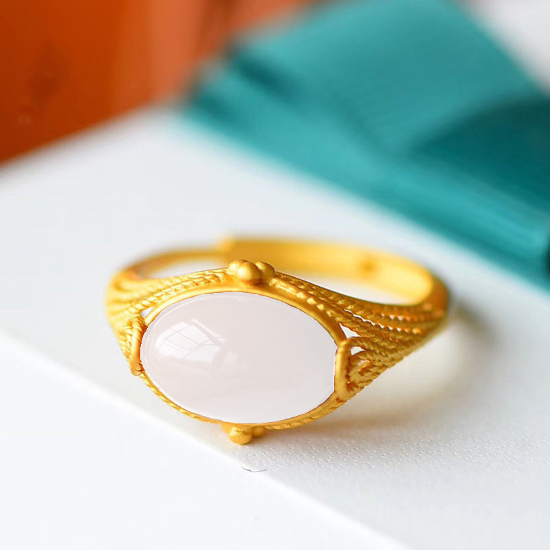 【Special offer】Imitation White Agate Crystal Ring Women's Emerald Imitation Gemstone Vintage Set Chalcedony Adjustable Ring with Index Finger Opening