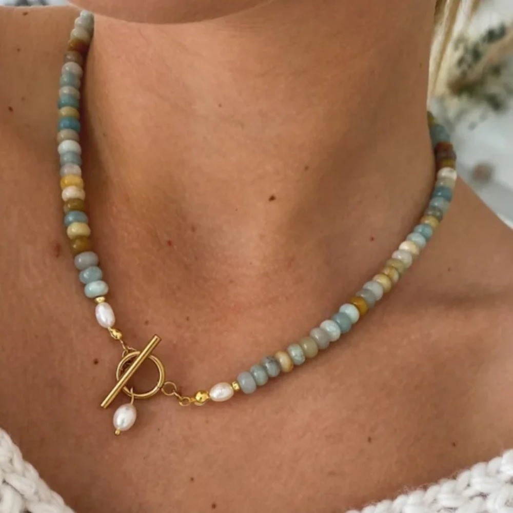 New Turquoise Beads Beaded Necklace Freshwater Pearl Natural Stone Beads Clavicle Necklace OT Buckle Personalized Design Necklace for Girls Gift
