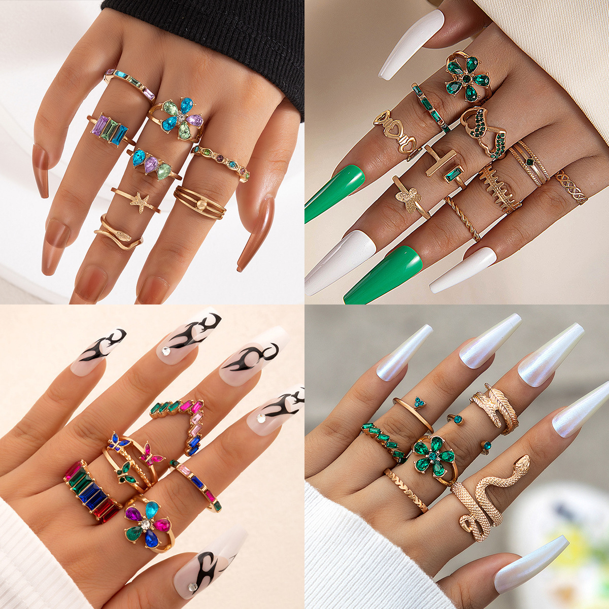 【Top Picks】New Entry Luxury OL Colored Diamond Flower Ring suit Geometric Snake Scallop Eight-piece Ring for Women