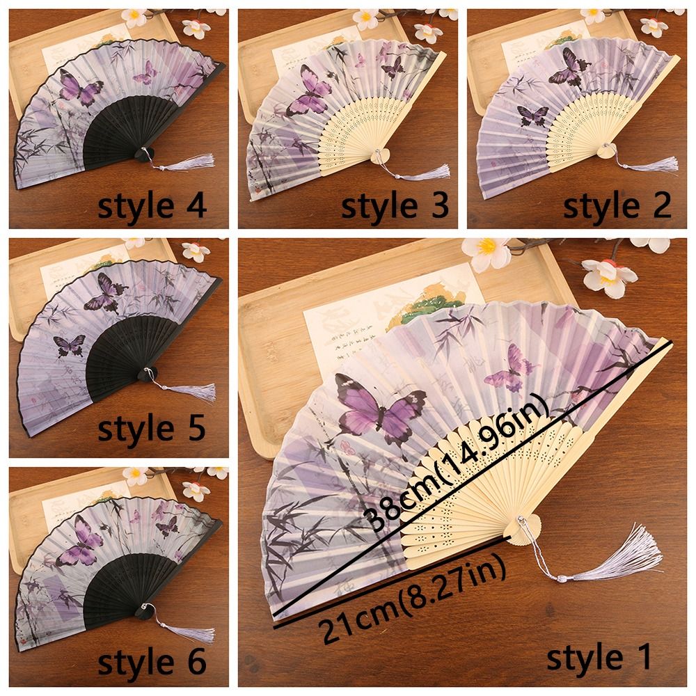 Vintage Chinese Style Silk Folding Fan Butterfly Pattern Cooling Handheld Fan Handmade with Tassel Decorative Fan Party Props
