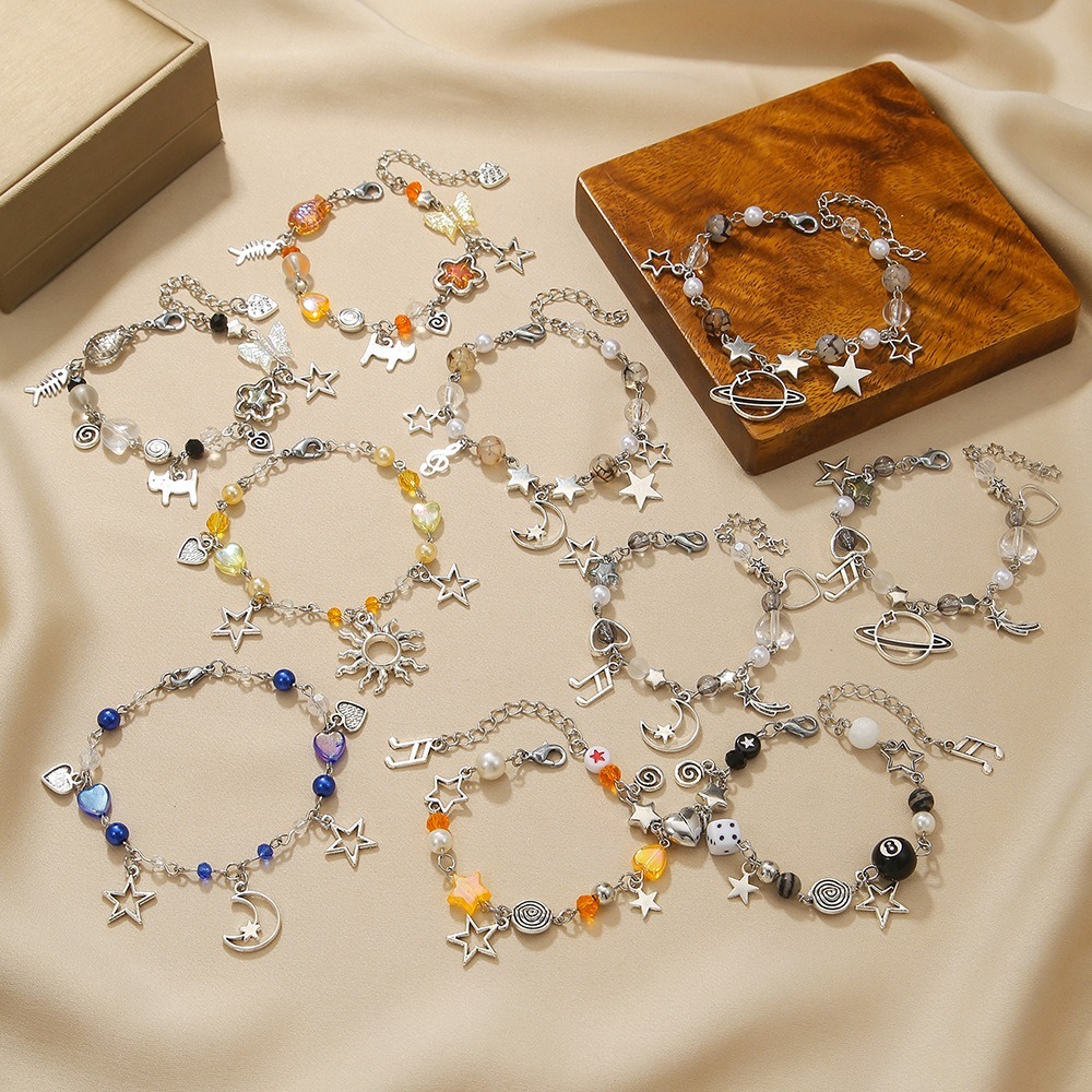 Adjustable Hollow Star Couple Bestie Bracelet Cute Sweet Moon Sun Wristband Glass Beads Cartoon Kitten Valentine's Day Gift Friendship