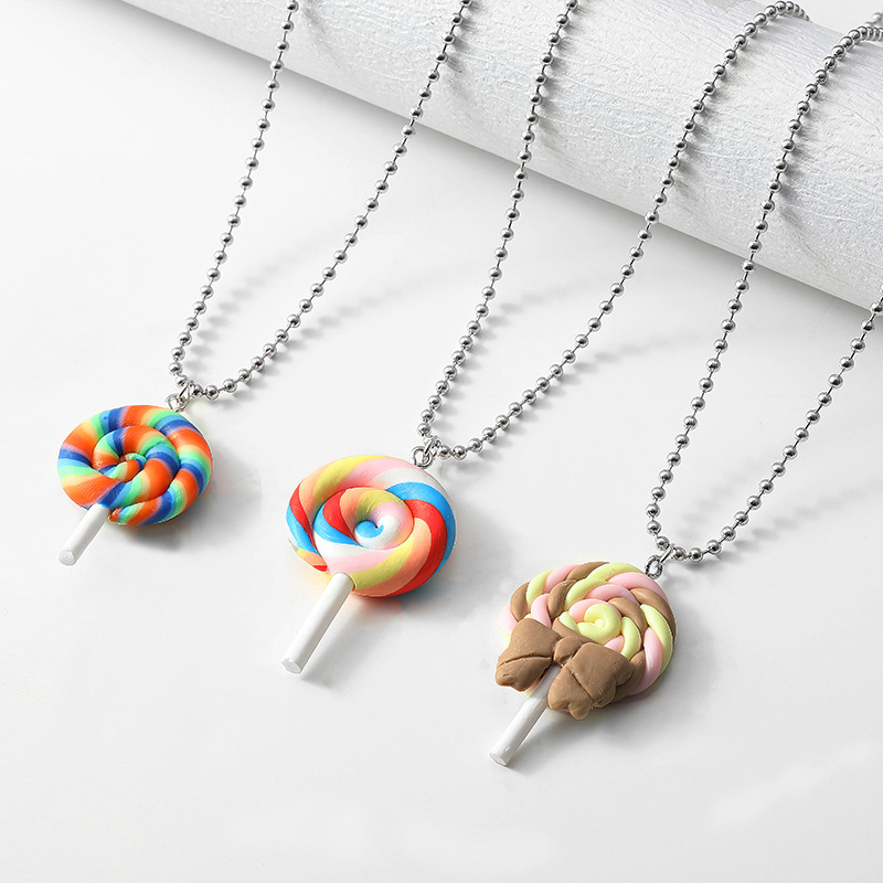 【Good sharing!】Lollipop Necklace Ins Style Female Student Cute Candy Super Sweet Korean Style Men's Pendant Sweater Chain Stainless Steel Bead Chain