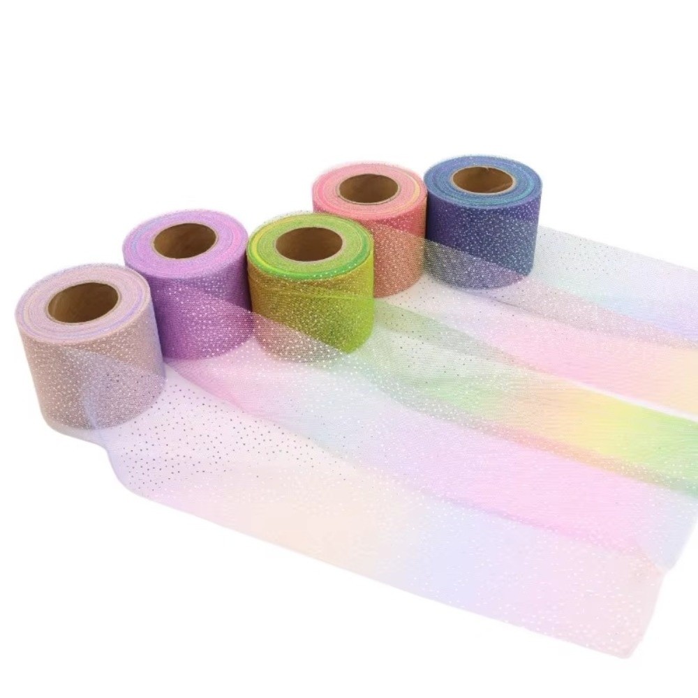 New 25Yards 6cm Rainbow Tulle Mesh Ribbon Silver Glitter Dot DIY Bow Hair Accessory Headwear Organza Fabric Party Supplies Dress Baby Shower Gifts Packaging Material