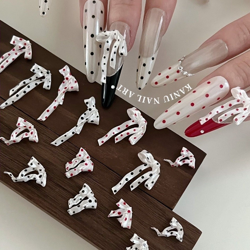 Creative DIY Bowknot Nail Decorations Pearlescent Satin Polka Dots Long Ribbon Bow 3D Nail Charms Mixed Designs Nail Rhinestone Nail Art Decoration