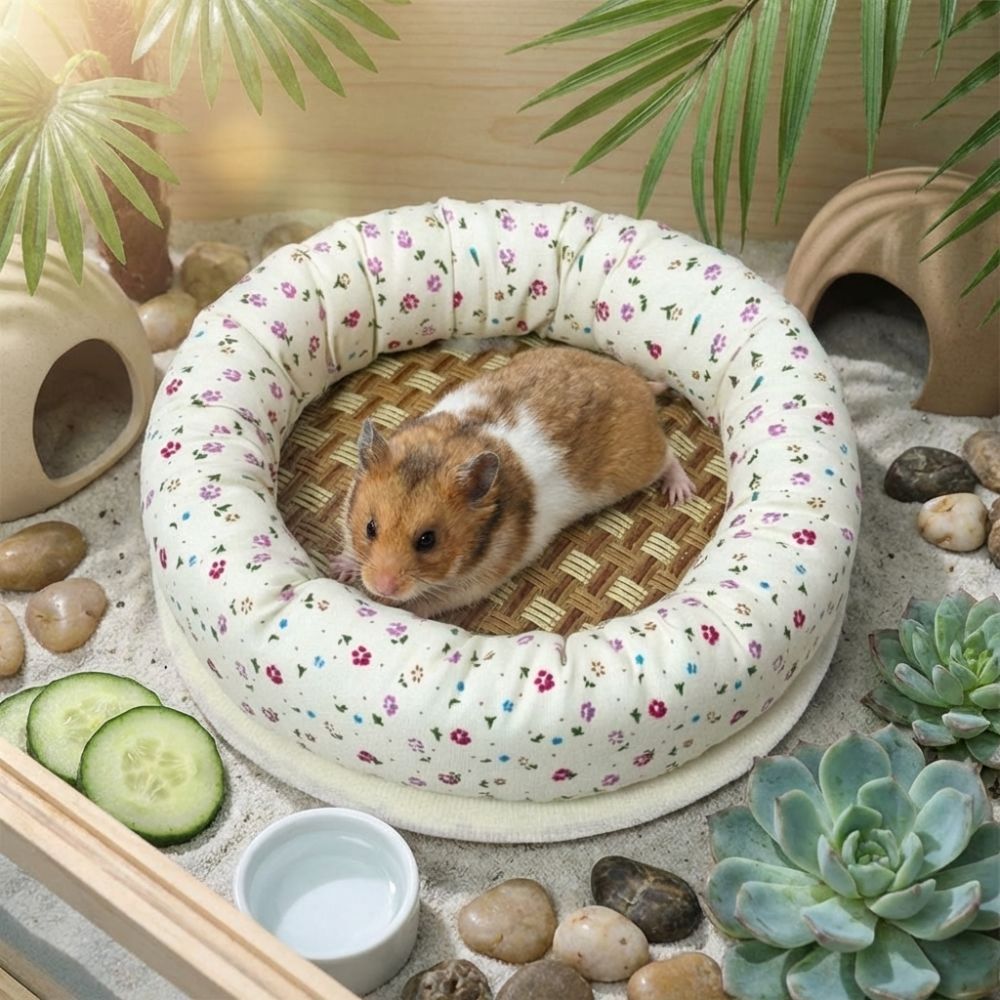 Multi-Purpose Floral Pattern Hamster Cooling Bed Round Breathable Bear Cool Nest Non-Slip Bottom Pet House Summer Hamster Pad Ferret